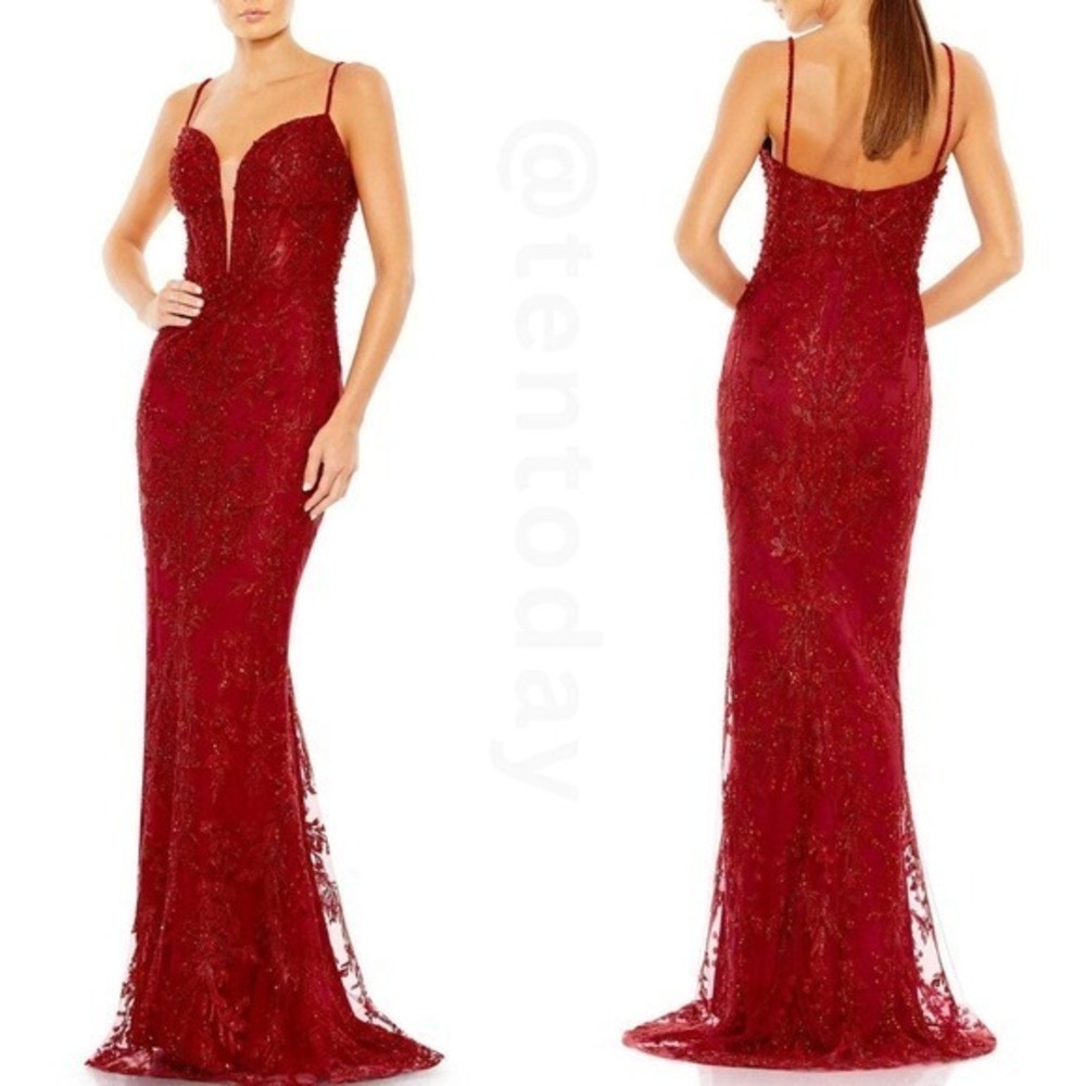 $798 Mac Duggal Size 14 Red Floral Embroidery Jeweled Long Maxi Gown Dress - Picture 2 of 7